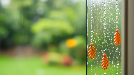 Wall Mural - Raindrops on glass window with blurred green garden background and orange decorative details.