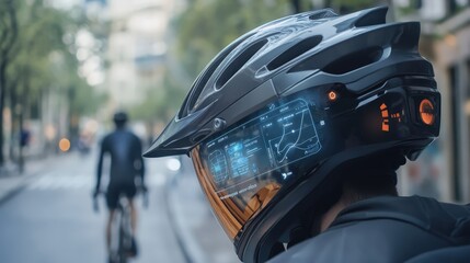 Poster - smart helmet displaying augmented reality features, like navigation directions and real-time data, w
