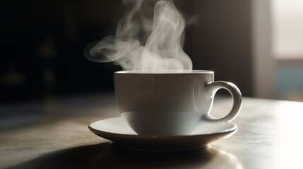 Steaming cup of hot beverage sits on table in morning light