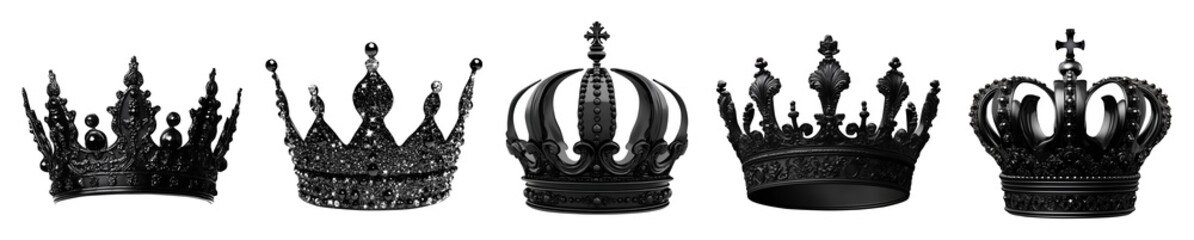 Set collection of black baroque crown tiara headpiece, royal king queen princess prince noble renaissance on transparent cutout PNG. Many different style material. Mockup template for design

