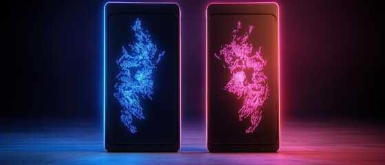 Poster - Two cell phones illuminated with vibrant neon lights in a dark setting for a modern tech aesthetic