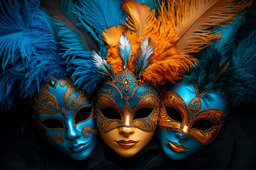 Wall Mural - Vibrant venetian masks with feathers in blue and orange