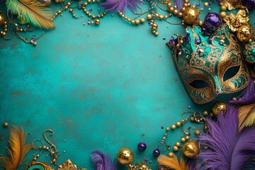 Wall Mural - Colorful mardi gras mask with gold and purple beads on teal background