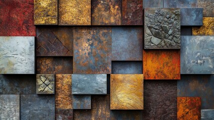 Poster - intersecting squares, each with a different texture or pattern, creating a complex yet orderly design, demonstrating the interplay of shape and form.