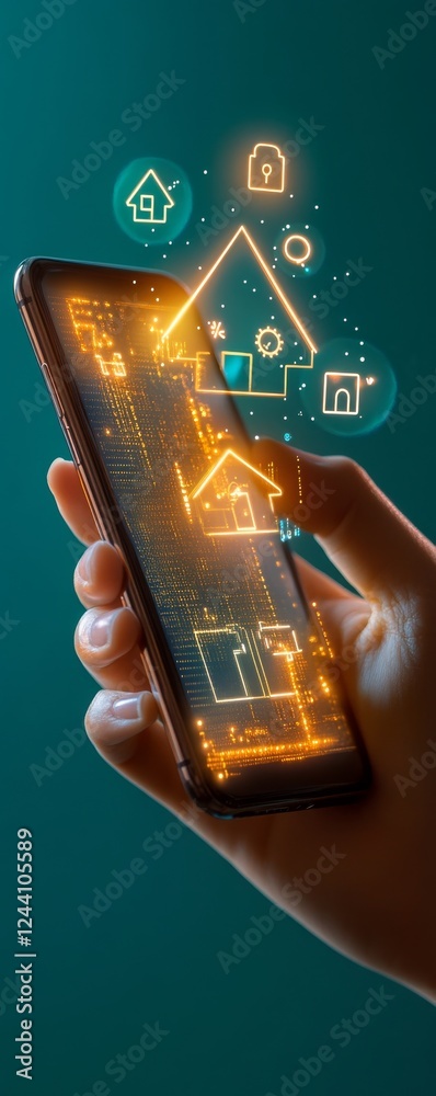 Smart Home Control: A hand holding a smartphone with an interactive ...