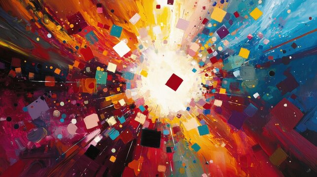 geometric shapes, including circles, squares, and polygons, radiating outward from the center, creating a dynamic and energetic composition.