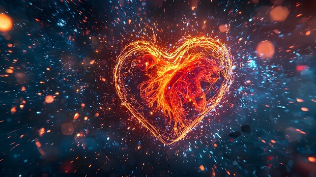 Digitally rendered cross section of a glowing vibrant human heart surrounded by a burst of neon colored particles in a dynamic abstract composition