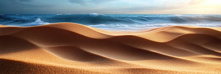 Poster - Natural sand texture with graceful waves along the serene coastline at sunset