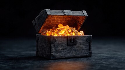 Poster - Wooden box with fire inside placed on a rustic wooden table in a cozy setting