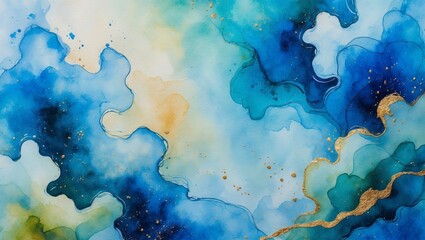 Poster - Vibrant abstract art featuring swirling blue tones and golden accents in a textured composition