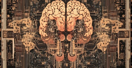 Poster - conceptual digital art piece depicting the fusion of technology and human biology, with neural netwo