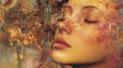 Poster - conceptual digital art piece depicting the fusion of technology and human biology, with neural netwo