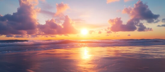 Wall Mural - Ocean Sunset Serenity A Golden Sun Setting Over Tranquil Waters with Pink Clouds Above