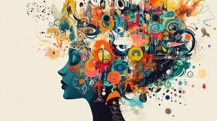 Poster - persons mind filled with a variety of abstract symbols and images, representing complex thoughts and