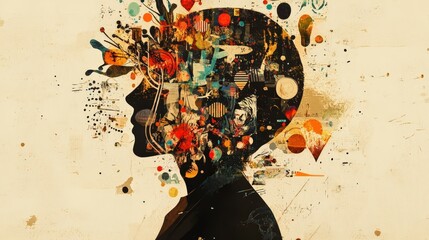 Poster - persons mind filled with a variety of abstract symbols and images, representing complex thoughts and