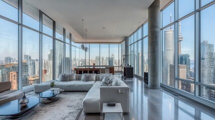 Poster - condo with a chic design and floor-to-ceiling windows, providing views of the bustling city streets.