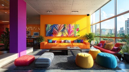Poster - A lively room showcases a bold palette of orange, pink, and blue hues. Cozy seating surrounded by tropical artwork and sunlight enhances the inviting atmosphere