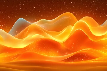 Poster - A vibrant digital landscape featuring flowing waves in shades of orange, yellow, and blue, creating a warm, energetic atmosphere filled with star-like sparkles.