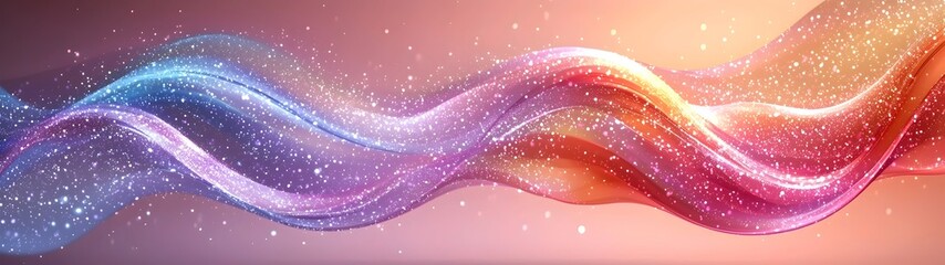 Poster - An abstract swirl of vibrant colors, blending hues of blue, pink, and orange, creating a mesmerizing wave effect filled with sparkling light against a soft gradient background.