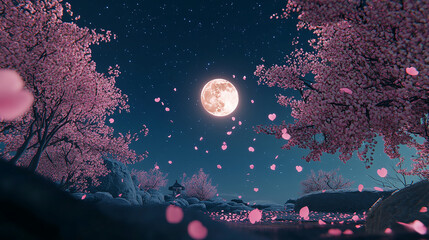 Wall Mural - Glowing cherry blossoms under a full moon in a serene