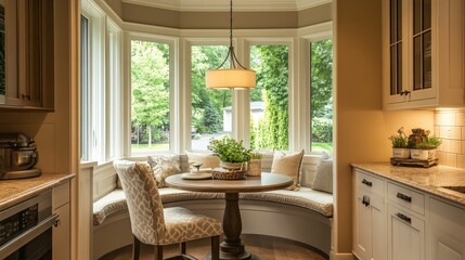 Poster - breakfast nook tucked into a corner of the kitchen, with a small round table, comfortable chairs, and soft lighting.
