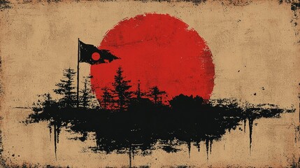 Poster - Red Sun Setting Behind Silhouetted Trees and Flag