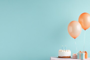Poster - vibrant birthday party table setup with balloons cake and presents arranged on pastel-colored tablecloth