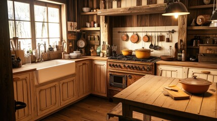 Poster - rustic kitchen with wooden cabinets, a farmhouse sink, and a vintage stove.