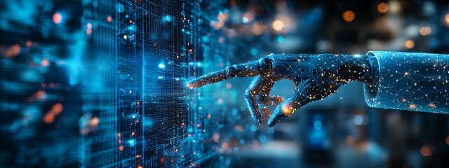 Poster - An engineer specializing in management engages with Industry 4.0 technologies, manipulating automation systems, and controlling robot arms and machinery via a cutting-edge virtual interface to access