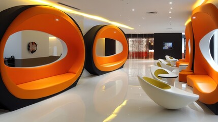 Poster - workspace designed with open-plan interiors, bright colors, and dynamic layouts