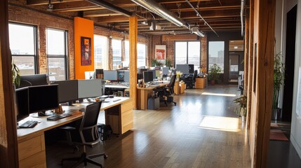 Poster - workspace designed with open-plan interiors, bright colors, and dynamic layouts