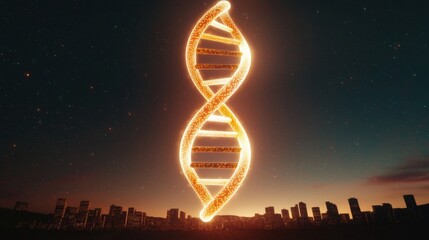 Poster - Dynamic dna helix illuminates city skyline at dusk digital art creation futuristic concept urban environment