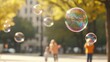 © xbzz - Children playing with bubbles in a park autumn scene outdoor activity joyful environment warm day family fun