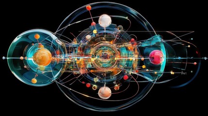 Poster - an atomic nucleus with neutrons, protons, and electrons in a dynamic arrangement.