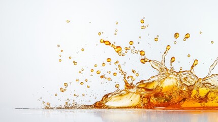 Poster - Golden honey splashes against a smooth surface, creating an eye-catching display of droplets and liquid movement. The brightness and fluidity capture the natural beauty of this sweet substance.