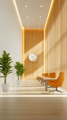 Poster - Modern office interior design with clock and greenery bright workspace minimalistic environment contemporary aesthetic