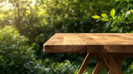 Poster - Wooden table with a potted plant placed on top in a bright indoor setting