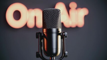 Poster - Studio microphone records a podcast with a blurred on air sign in the background, captured in slow motion, creating a professional and engaging atmosphere