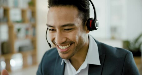 Fototapete - Call center man, talking and happy in office, contact us or financial advisor for customer care in agency. Consultant, tech support or agent with smile, mic or headphones for voip, crm and help desk