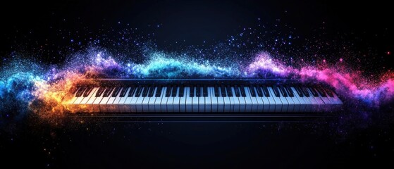 Poster - piano keyboard with colorful dust particles and stars on black background for musical themes