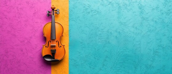Poster - violin hanging on wall with blue and pink abstract background in artistic interior setting