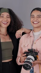Poster - Happy women, photographer or model with camera for production, photoshoot or digital content at studio. Portrait, female people or videographer with client smile for film industry or marketing on set