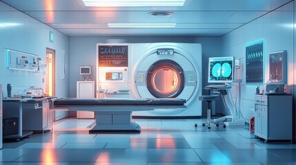 Poster - a diagnostic lab with advanced imaging equipment like an mri or ct scanner, ready for detailed patie