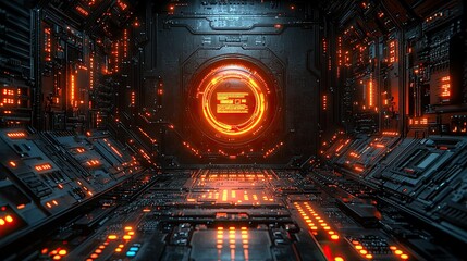 Poster - Futuristic digital circuit board interior glowing orange