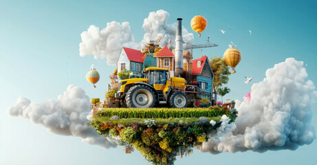 Aufkleber - A vibrant farm floats among fluffy clouds, featuring a bright yellow tractor, a charming house, and colorful hot air balloons. The setting highlights innovation in agriculture and creativity.