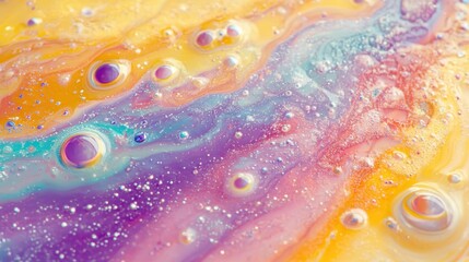 Poster - Vibrant macro lens revealing iridescent soap bubbles swirling across multicolored liquid surface, generating mesmerizing abstract pattern with ethereal luminescence