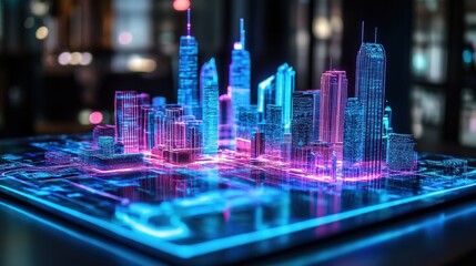 Poster - Futuristic City Model with Neon Lights and Digital Elements