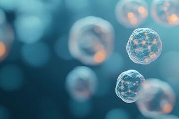 Poster - 3d-rendered microscopic scene showcasing artificial stem cells dividing in futuristic sterile laboratory environment