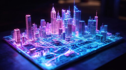 Poster - Futuristic Cityscape with Neon Lights and Digital Architecture