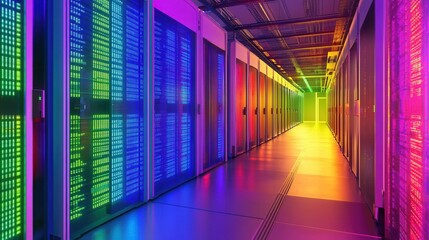 Poster - Vibrant Data Center Corridor with Colorful Server Racks and Lights